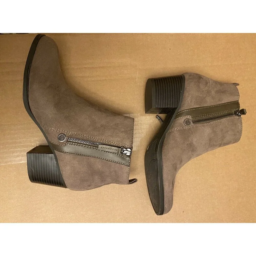 Liz Claiborne Womens Suede Ankle Boots Size 8 8M Brown Block Heel Zipper Closure